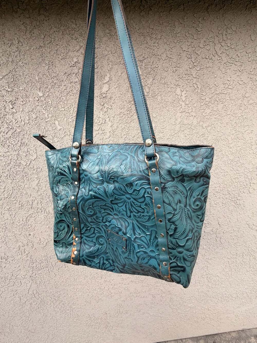 Patricia Nash Tooled Leather Tote Bag Teal Blue Floral